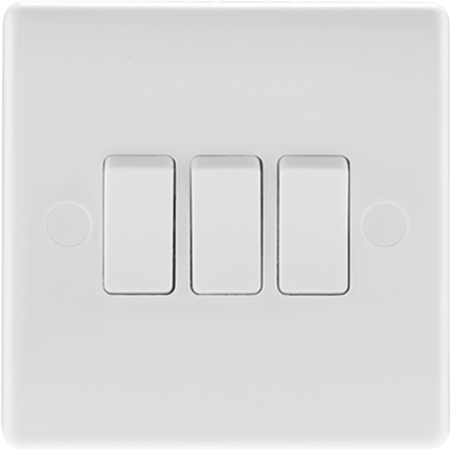 White 3-gang 2-way light switch for UK electrical wiring, modern flat design