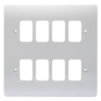 White 8-gang front plate for electrical switches or sockets, wall mounting accessory