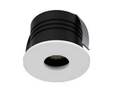 Round recessed LED downlight with white bezel and black housing for indoor lighting