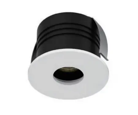 Round recessed LED downlight with white bezel and black housing for indoor lighting