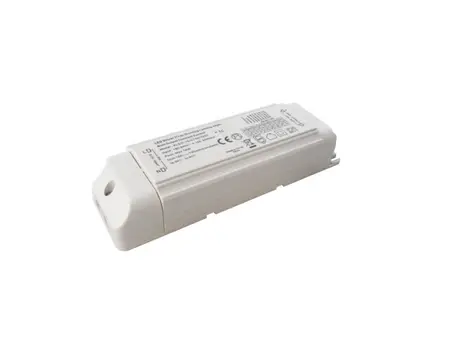 White dimmable LED driver for lighting, rectangular with labeled casing, isolated background