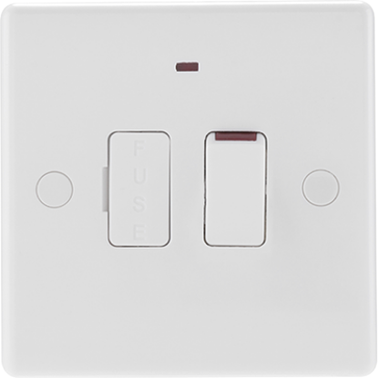 White switched and fused spur with indicator for electrical wiring accessories