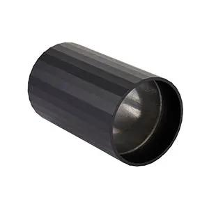 Black cylindrical LED lighting fixture with a sleek, ribbed exterior design