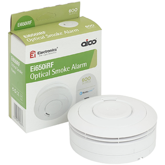 Optical smoke alarm with battery backup, shown with its product packaging, for home safety.