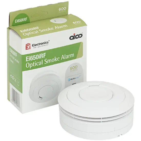 Optical smoke alarm with battery backup, shown with its product packaging, for home safety.