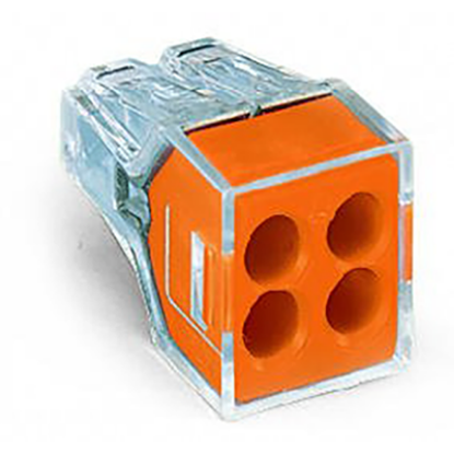 4-way push wire connector for electrical junction boxes, orange and transparent casing
