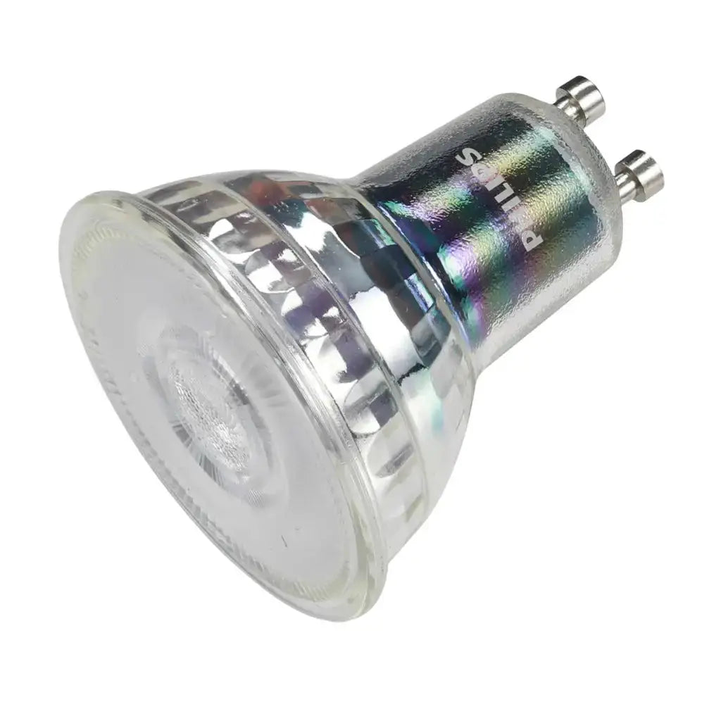 GU10 LED spotlight bulb with glass lens and metallic connector for home lighting