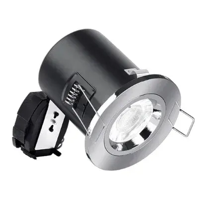 GU10 fixed fire-rated downlight with polished chrome trim and aluminium construction