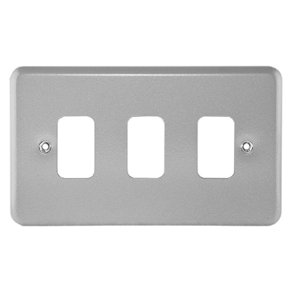 3-gang metalclad front plate for switches or sockets, silver finish, mounting screws visible