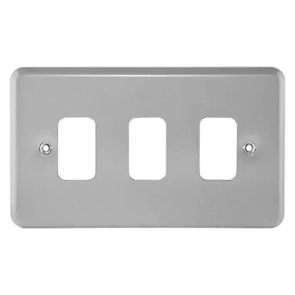 3-gang metalclad front plate for switches or sockets, silver finish, mounting screws visible
