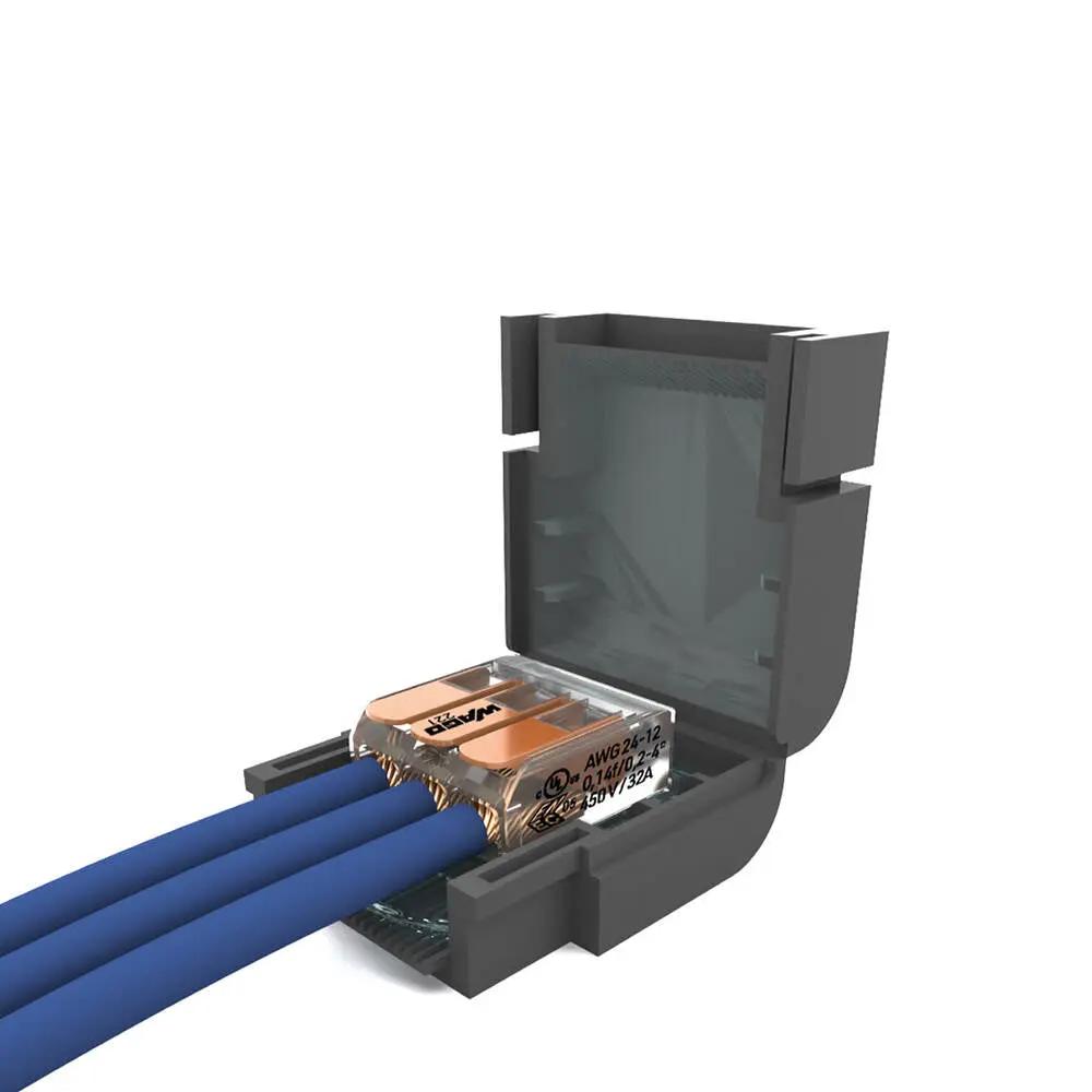 Electrical wire connector with blue cables in a protective housing for lighting installation