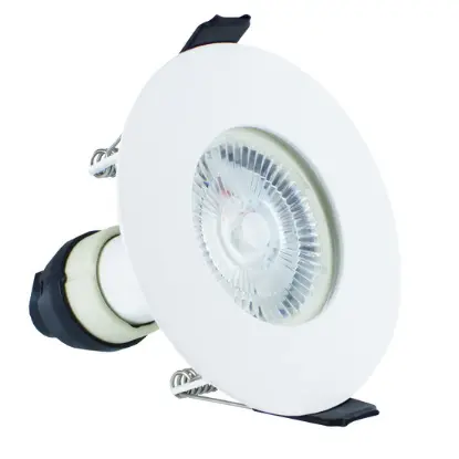 White fire-rated downlight with GU10 holder and spring clips for ceiling installation