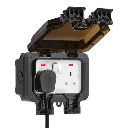 Black 2 gang DP outdoor switched socket with neons, protective cover open, one plug connected
