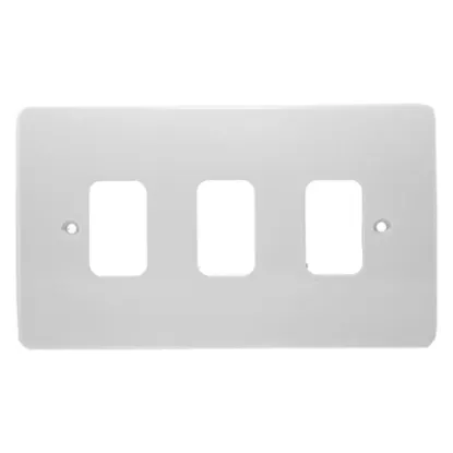 White 3-gang front plate for electrical light switches, rectangular with screw holes