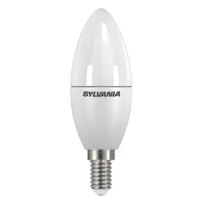 LED candle light bulb with E14 screw base, white finish, and 'SYLVANIA' text on housing