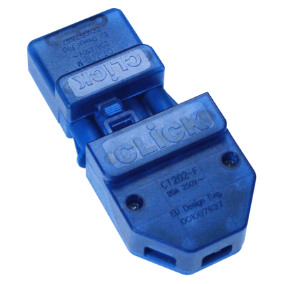 Blue 4-pole 250V 20A screw cable clamp electrical connector with visible CLICK marking