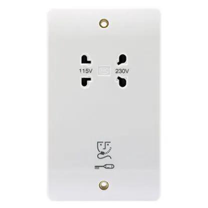 White dual voltage 115V 230V shaver socket wall plate for UK electrical installations