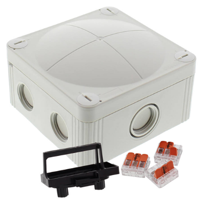 Light grey electrical junction box with cable connectors and mounting bracket