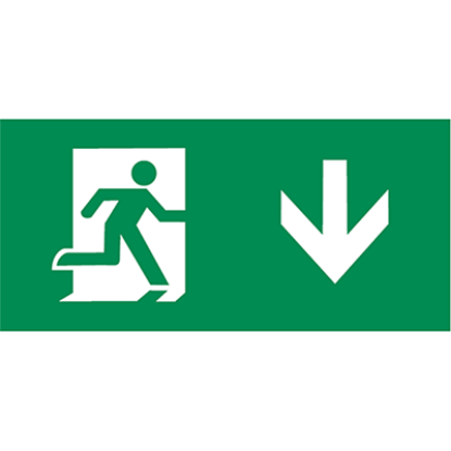 Green emergency exit sign with running person and downward arrow