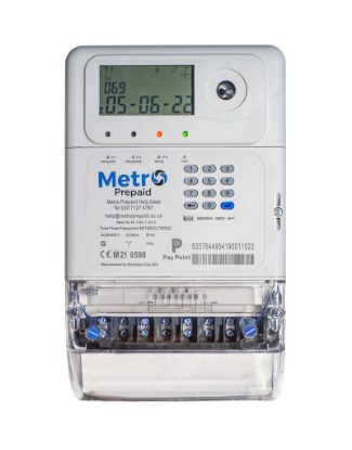 Three phase prepayment electricity meter with digital display and wiring terminals