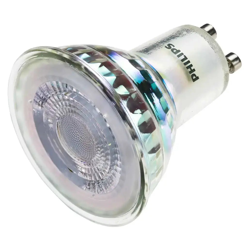 GU10 LED spotlight bulb with glass housing and metal contacts for home lighting