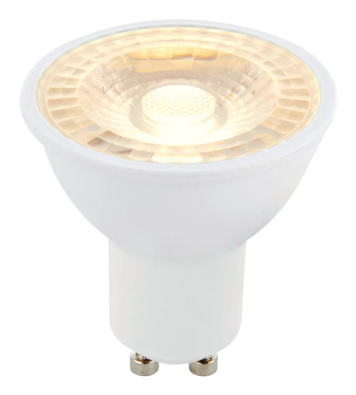 Warm white GU10 LED light bulb with visible SMD design and white base
