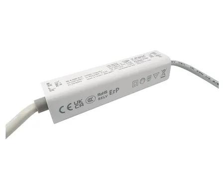 LED lighting power supply driver with white casing and certification marks for electrical installations