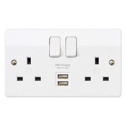 White 2-gang switched socket with dual USB charging ports, UK wall outlet