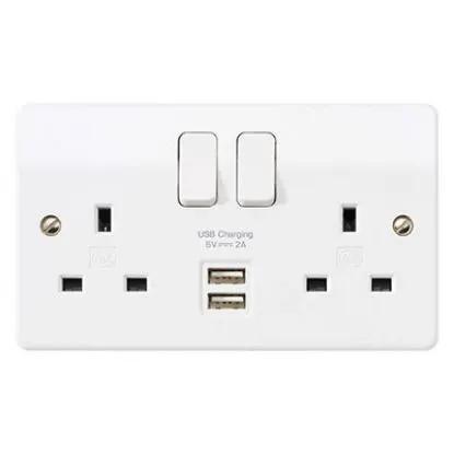 White 2-gang switched socket with dual USB charging ports, UK wall outlet