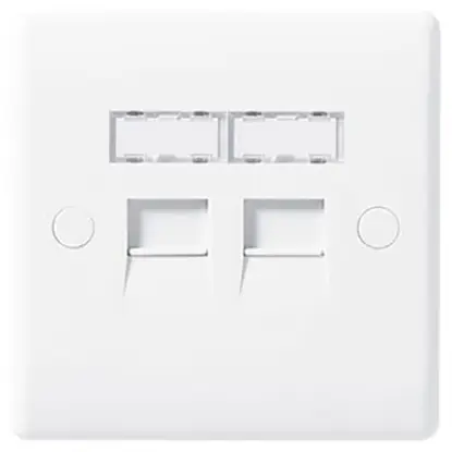 White 2-gang RJ45 telephone socket wall plate for UK wiring, front view