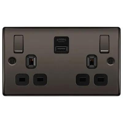 Electrical Lighting BG 13A 22W 2 Gang Switched Socket & USB-A+C Black Nickel NBN22UAC22B-01 - Electrical Lighting BG 13A 22W 2 Gang Switched Socket & USB-A+C Black Nickel NBN22UAC22B-01