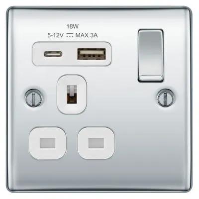 Electrical Lighting BG 13A 18W 1 Gang Switched Socket & USB-A+C Polished Chrome NPC21UAC18W-01 - Electrical Lighting BG 13A 18W 1 Gang Switched Socket & USB-A+C Polished Chrome NPC21UAC18W-01