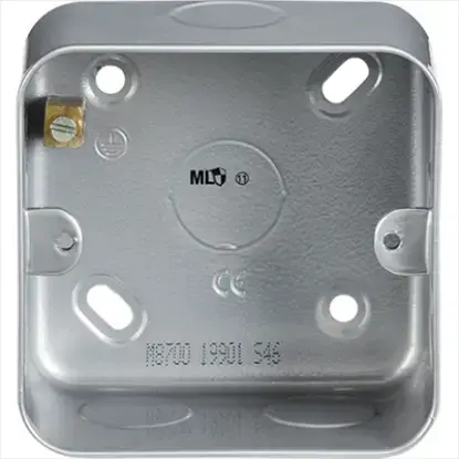 Metal clad 1 gang back box for electrical wiring, square with mounting holes.