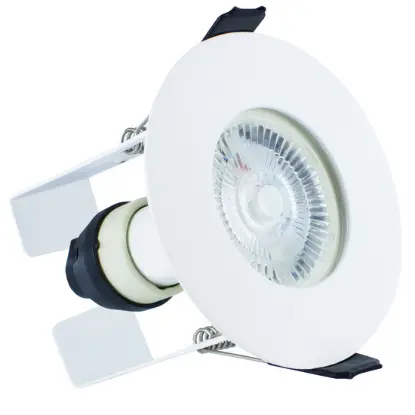White round fire-rated downlight with GU10 holder and insulation guard, 70mm cutout