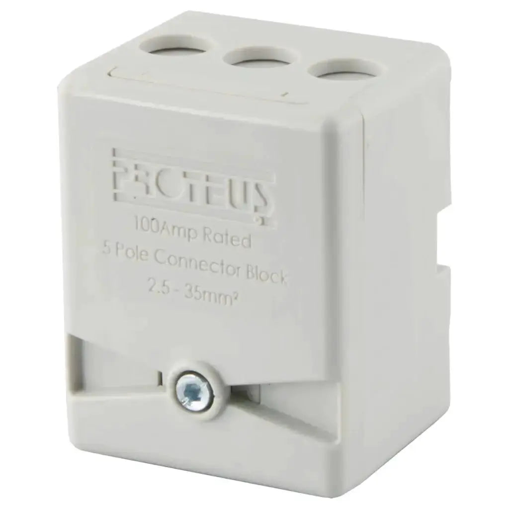 100 amp 5 pole electrical connector block, white plastic, with visible screw and cable entry holes