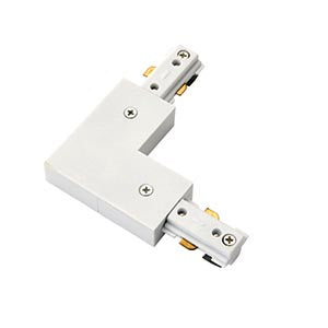 White L-shaped track lighting connector for electrical LED lighting systems