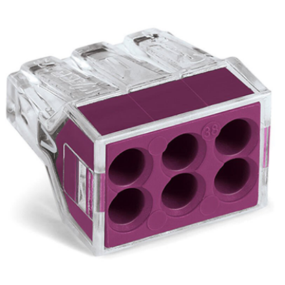 6-conductor push wire connector for junction boxes, transparent and purple housing