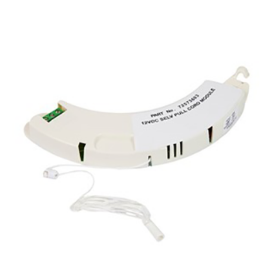 12V DC airflow pull cord control module for electrical lighting, curved white plastic unit with cord