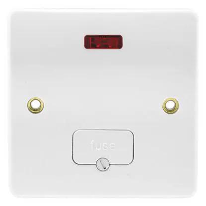 Unswitched fused spur with neon indicator, white wall plate, for UK electrical wiring