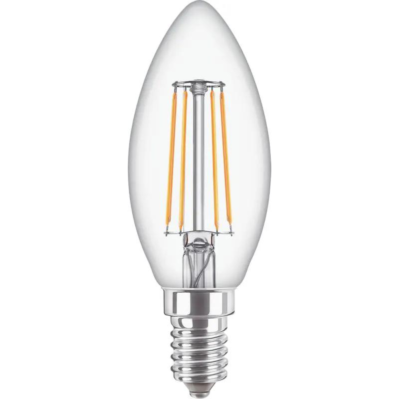 Candle-shaped LED filament bulb with E14 screw base, clear glass, 40W equivalent