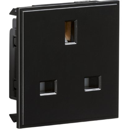 Black 1-gang 13A unswitched socket module for UK electrical wiring and lighting