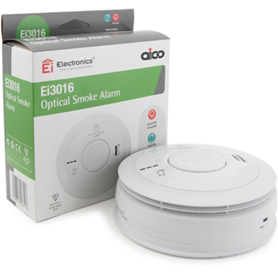 Optical smoke alarm device with box, Ei3016 model, home fire safety accessory