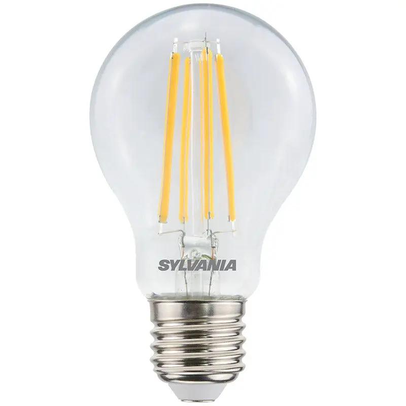 Clear LED light bulb with visible filaments and silver screw base, energy efficient lighting