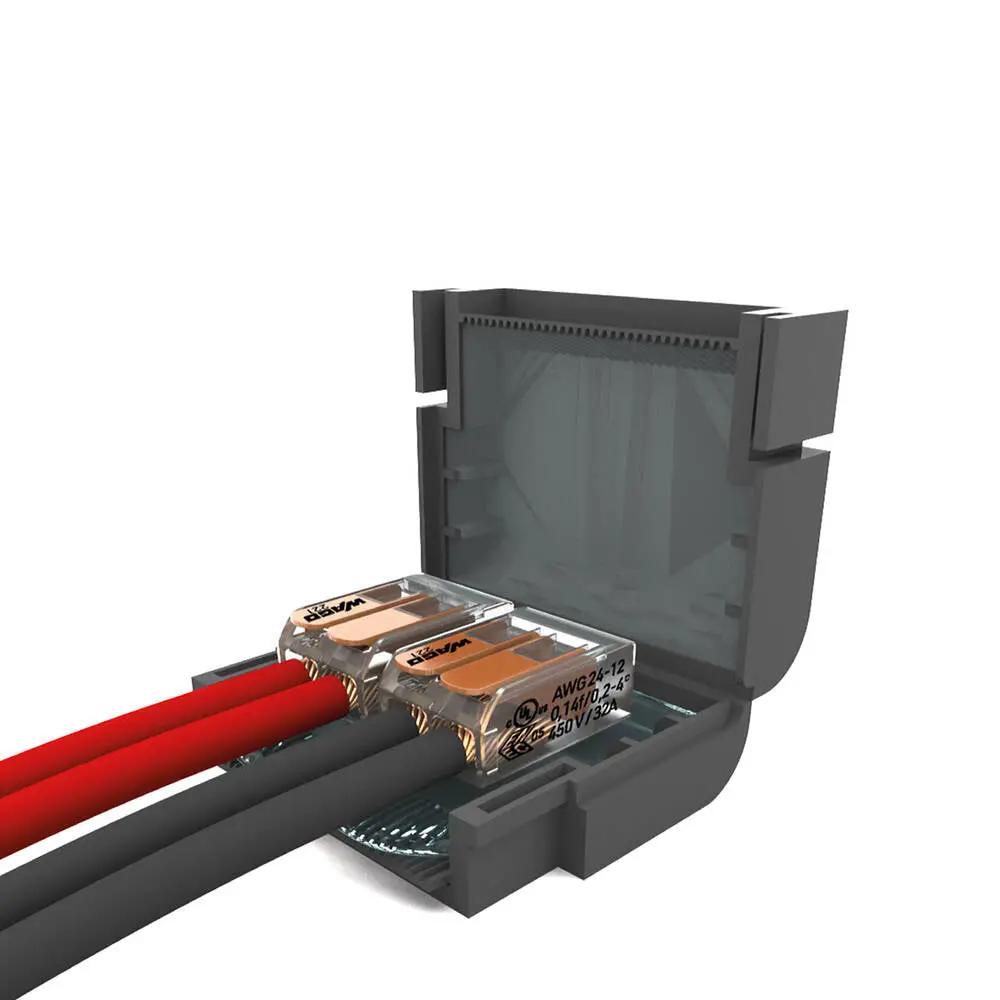 Electrical wire connector box with red and black cables for safe home wiring installation