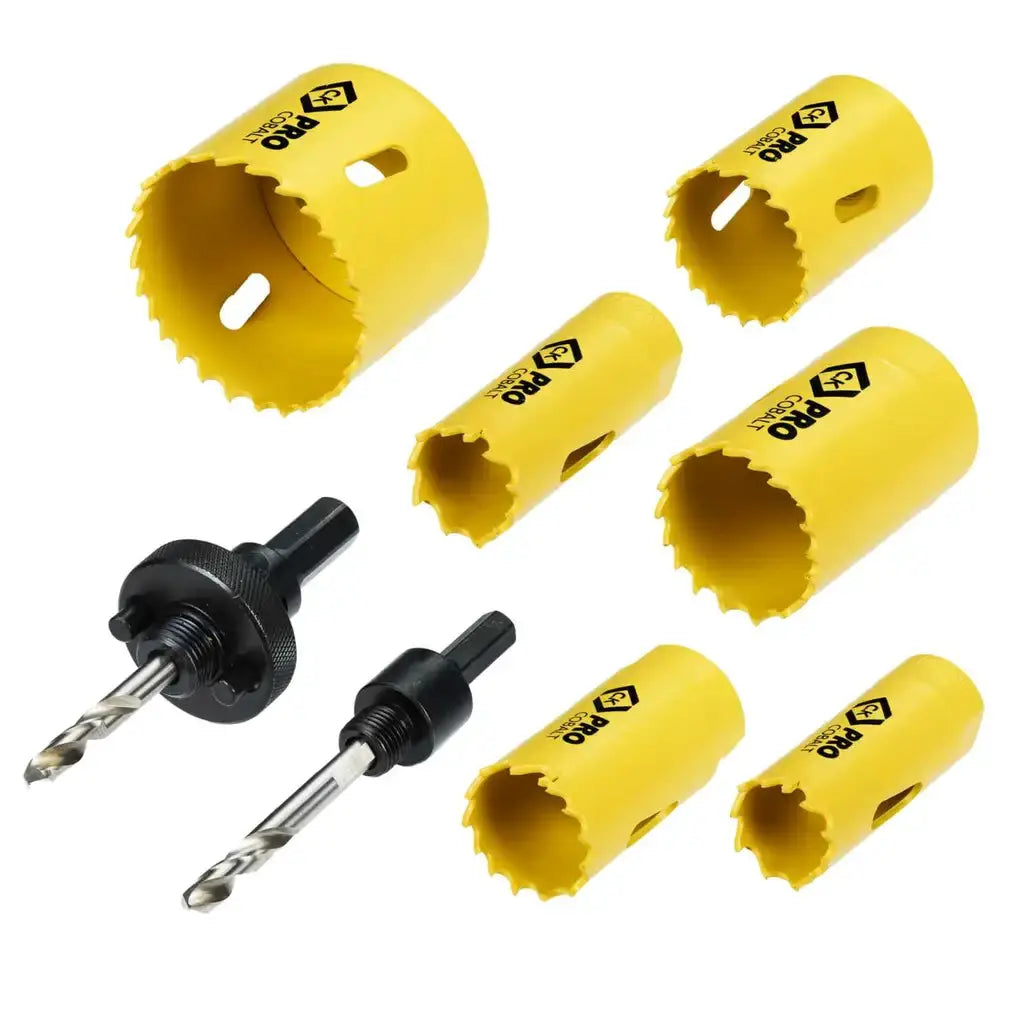 Yellow hole saw drill bit set with two arbors for electrical lighting installations