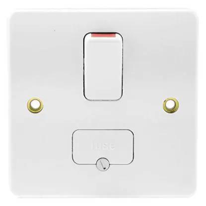 13A double pole switched fused spur with flex outlet in white, UK wiring accessory