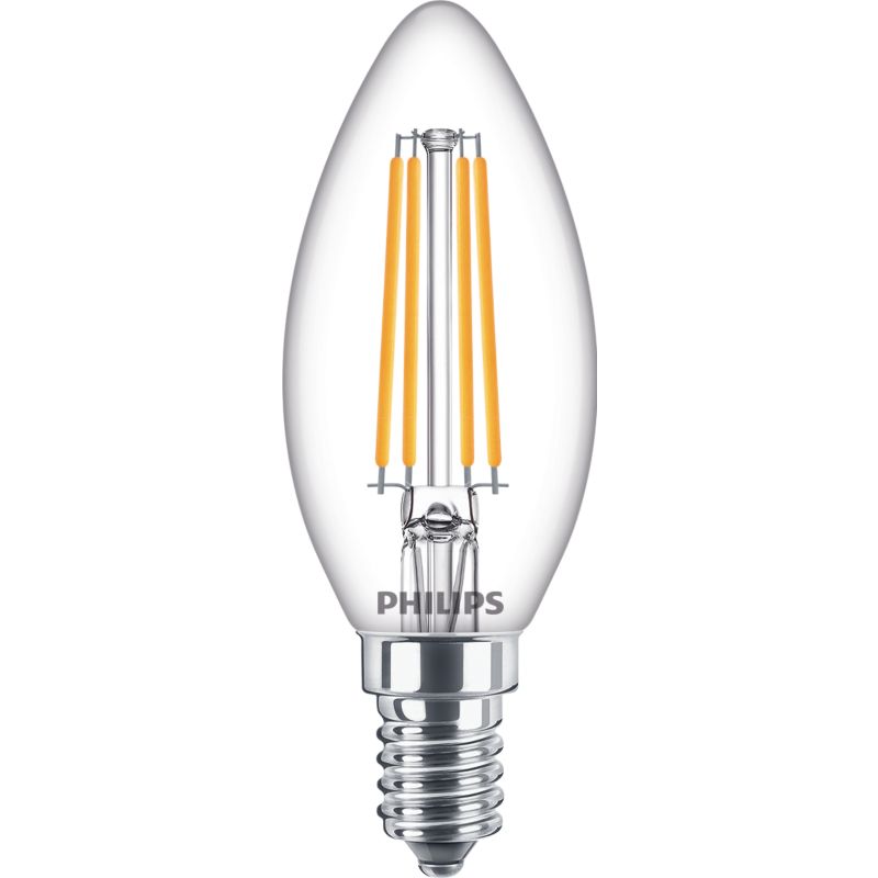 Clear LED candle bulb E14 B35 with visible filaments for home lighting