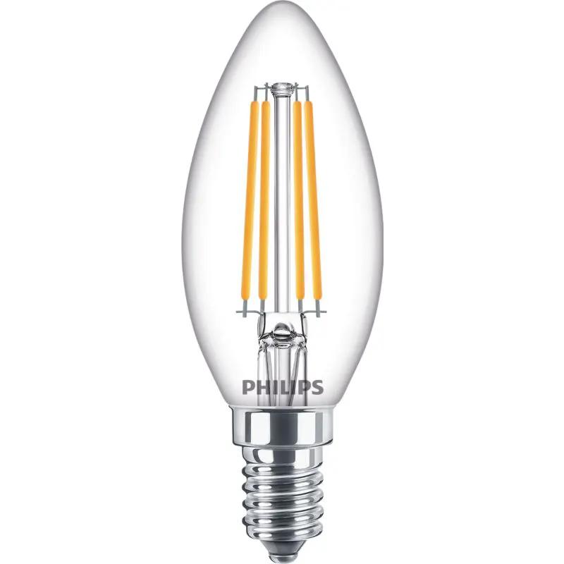 Clear LED candle bulb E14 B35 with visible filaments for home lighting