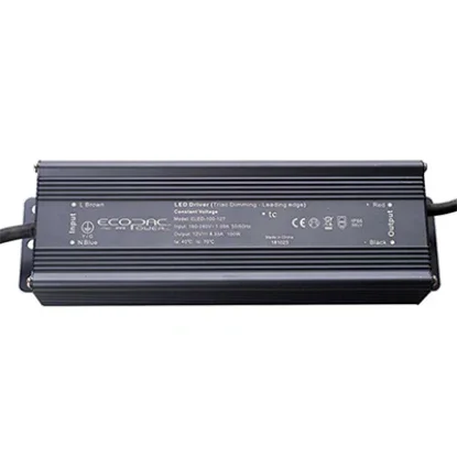 Black 100W 24V triac dimmable LED driver for lighting installations, top view