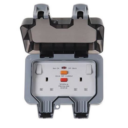 Double outdoor switched socket outlet with protective cover and RCD, UK wiring accessory